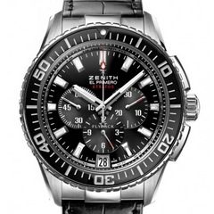 Zenith El Primero Stratos Black Flyback Leather Chronograph Watch