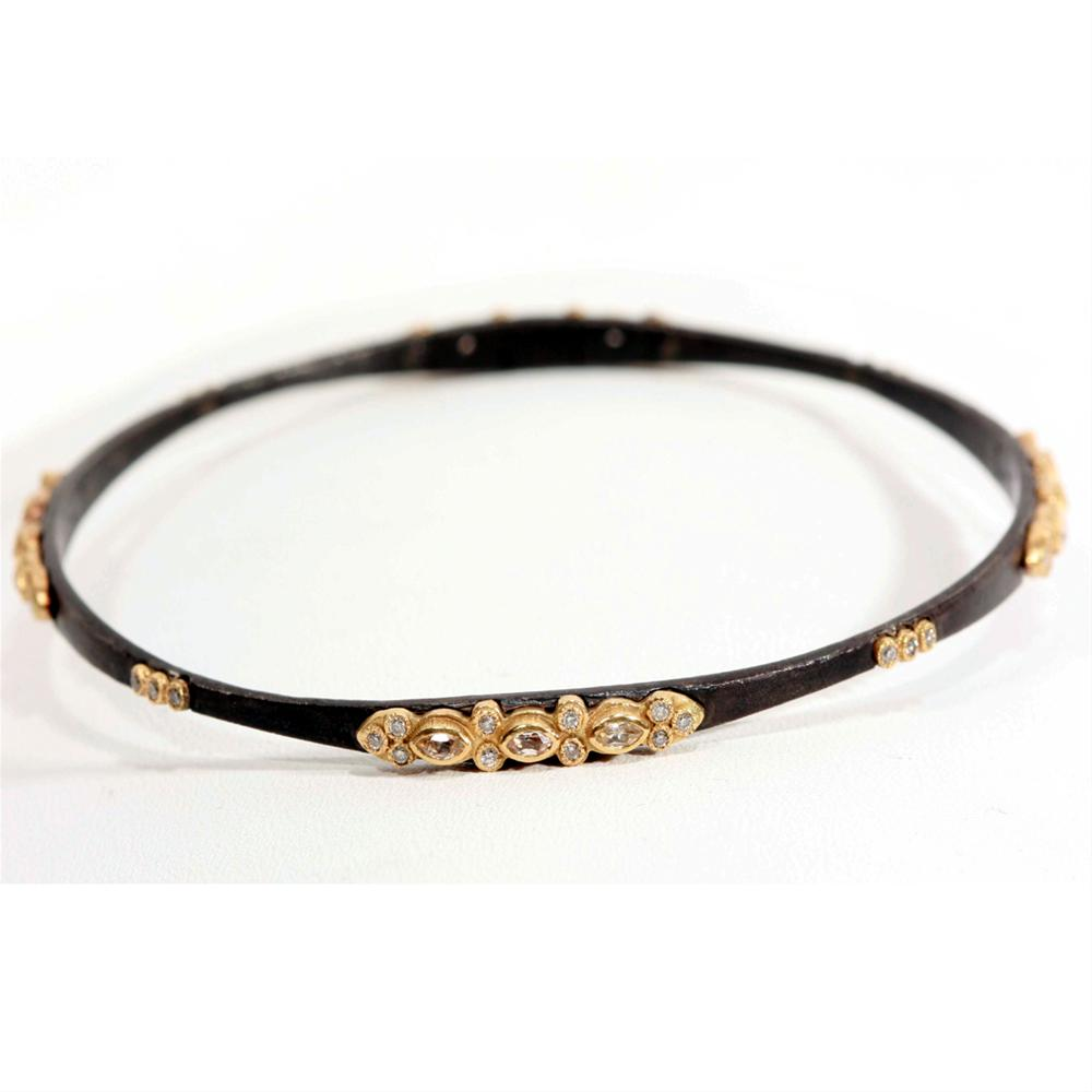 Armenta Midnight Bangle Bracelet with White Sapphires & Diamonds in Blackened Silver & Yellow Gold