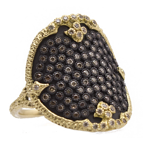 Armenta Ombre Shield Ring Champagne Diamonds in Oxidized Silver & 18K Yellow Gold