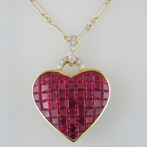 Vintage Estate Invisible Set Ruby Gold Heart Pendant Necklace