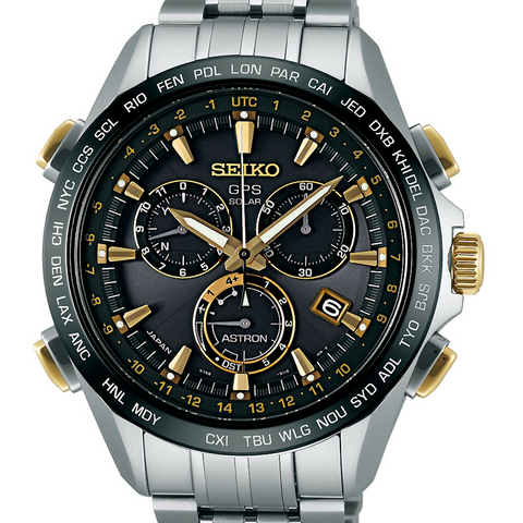 Seiko Astron GPS Solar 44.6mm Watch Titanium with Yellow Gold & Ceramic Bezel Black Dial Series 8X82 SSE007