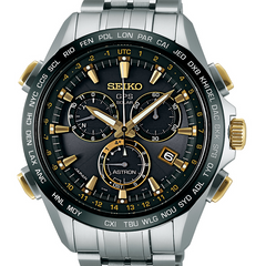Seiko Astron GPS Solar 44.6mm Watch Titanium with Yellow Gold & Ceramic Bezel Black Dial Series 8X82 SSE007