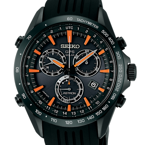 Seiko Astron Solar GPS Ceramic Black Stainless Orange 44.6mm Watch SSE017