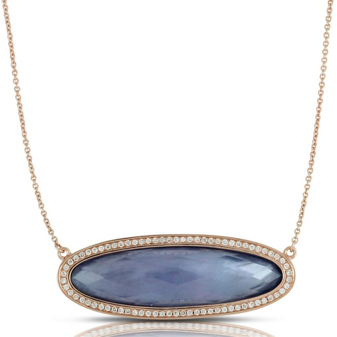 Doves "Parisian Plumb" Purple Amethyst, Lapis, Mother of Pearl Elongated Oval Shape Pendant Necklace with Diamond Halo