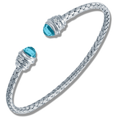 Charles Garnier Sterling Silver 3mm Sunset Mesh Cuff Bracelet With Blue Topaz and Diamonds 0.02 CT