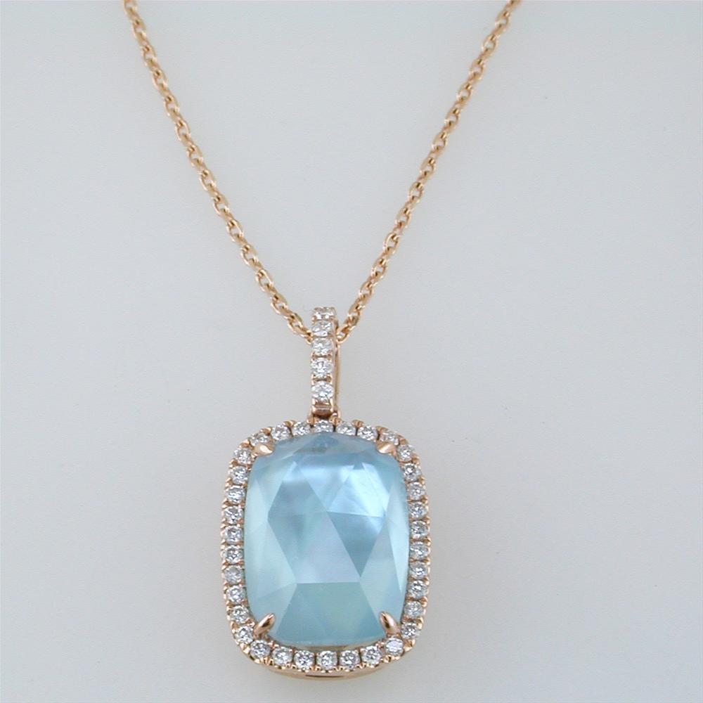 Doves "Ocean Mist" Blue Topz & Mother of Pearl Cushion Shape Halo Pendant Necklace