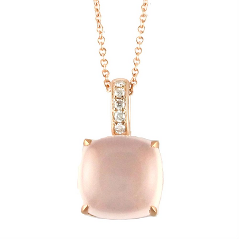 Doves "Bella Rosa" Milky Rose Quartz & Diamond 18K Gold Pendant Necklace