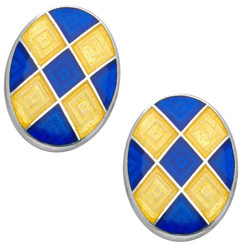 Deakin & Francis Oval Yellow & Navy Blue Harlequin Enamel Silver Cufflinks
