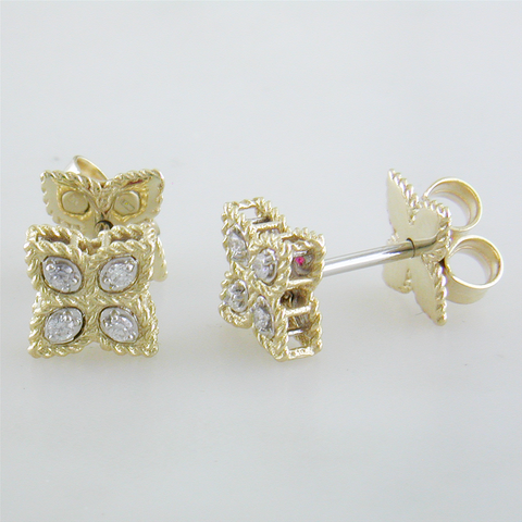 Roberto Coin Princess Flower Diamond Small Stud Earrings 18K Yellow Gold