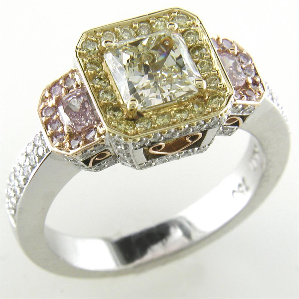 Fancy Yellow & Pink Square Diamond Platinum Engagement Ring