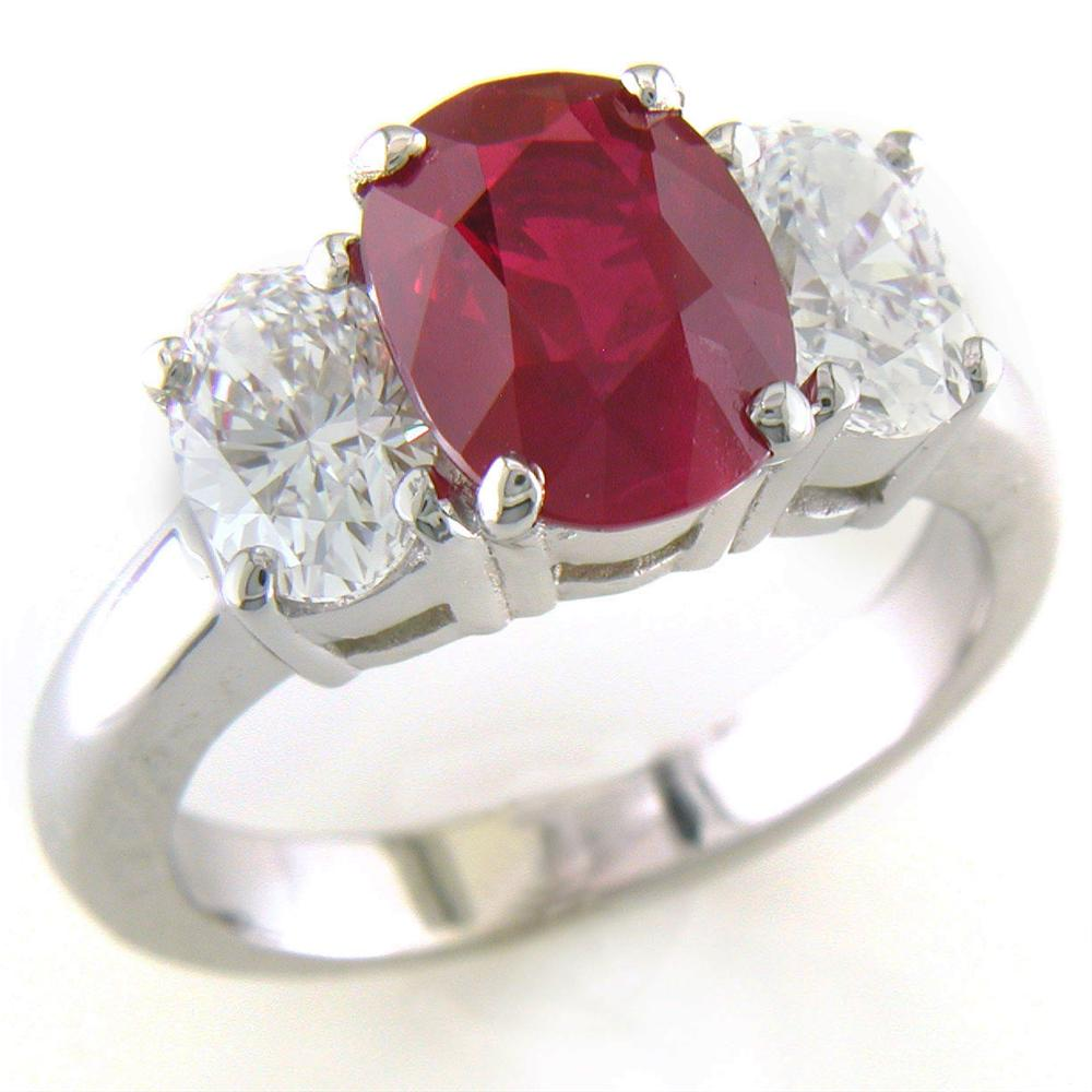 Certified Natural Burmese "Pigeon's Blood" Oval Ruby & Diamond Three Stone Ring