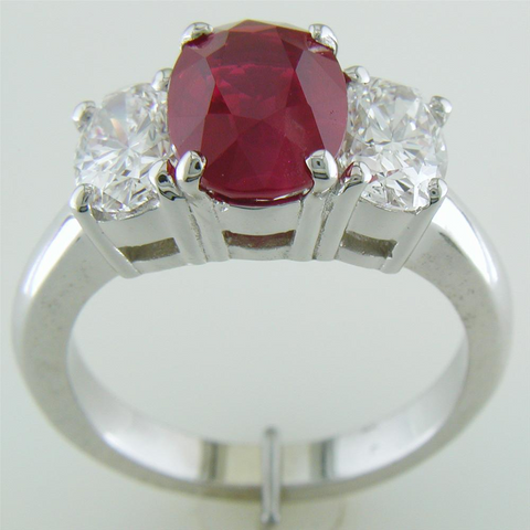 Certified Natural Burmese "Pigeon's Blood" Oval Ruby & Diamond Three Stone Ring