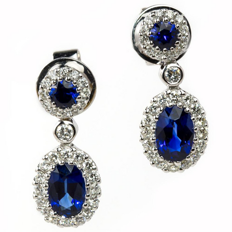 Gregg Ruth Sapphire & Diamond Halo Oval Dangle Drop Stud Earrings