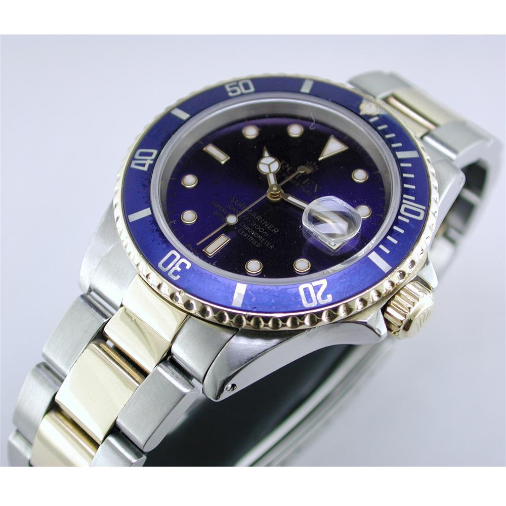 Rolex Blue Submariner Watch 16613 Dial Yellow Gold Steel Oyster 1995 16613