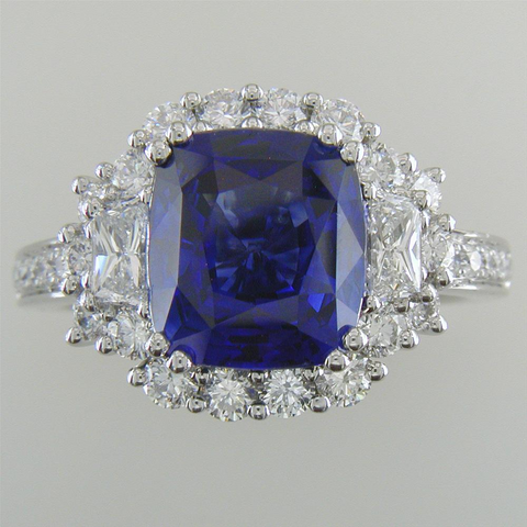 Gregg Ruth Cushion Sapphire & Trapezoid Diamond Cocktail Ring