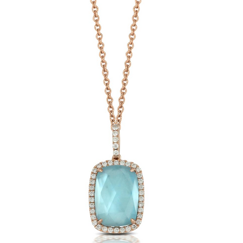 Doves "Ocean Mist" Blue Topz & Mother of Pearl Cushion Shape Halo Pendant Necklace