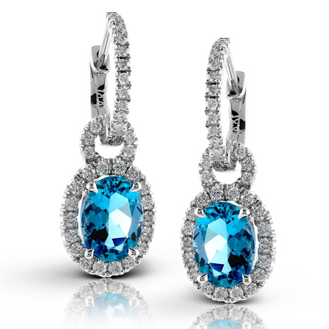 Simon G. Aquamarine & Oval Diamond Halo Huggy Drop Earrings LP3838
