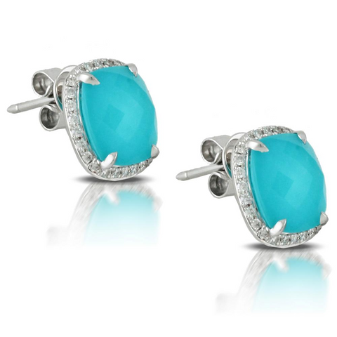 Doves "St. Barth's Blue" Turquoise, Topaz & Diamond Halo Cushion 18K White Gold Earrings