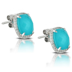Doves "St. Barth's Blue" Turquoise, Topaz & Diamond Halo Cushion 18K White Gold Earrings