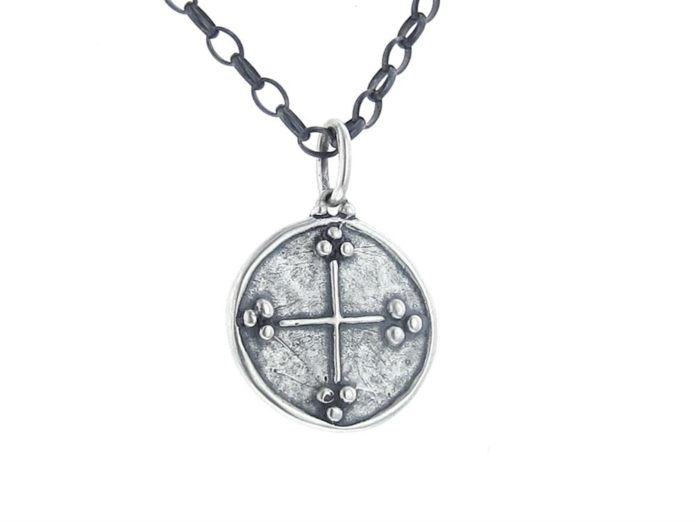 Erica Molinari Renaissance Silver "Know Thyself" Cross Charm Necklace with Diamonds