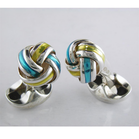 Deakin & Francis Blue & Yellow Enamel Sterling Silver Knot Cufflinks