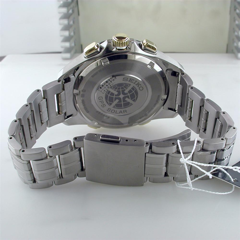 Seiko Astron GPS Solar 44.6mm Watch Titanium with Yellow Gold & Ceramic Bezel Black Dial Series 8X82 SSE007