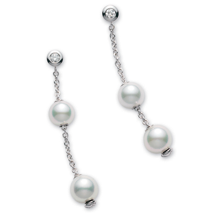 Pre-owned Mikimoto Pearls in Motion 7-7.5mm White Akoya Dangle Drop Diamond Earrings PEL 644DW