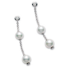 Pre-owned Mikimoto Pearls in Motion 7-7.5mm White Akoya Dangle Drop Diamond Earrings PEL 644DW