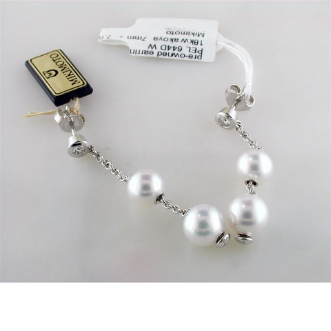 Pre-owned Mikimoto Pearls in Motion 7-7.5mm White Akoya Dangle Drop Diamond Earrings PEL 644DW