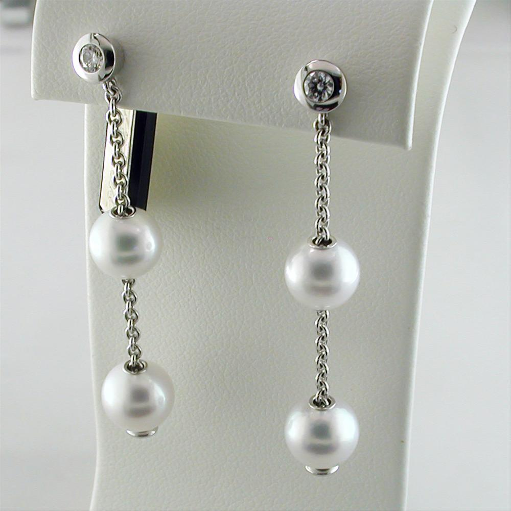 Pre-owned Mikimoto Pearls in Motion 7-7.5mm White Akoya Dangle Drop Diamond Earrings PEL 644DW