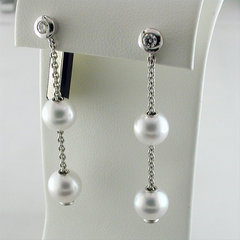 Pre-owned Mikimoto Pearls in Motion 7-7.5mm White Akoya Dangle Drop Diamond Earrings PEL 644DW