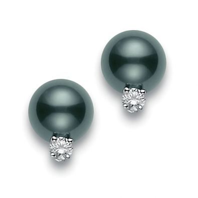 Pre-owned Mikimoto Black South Sea Stud Earrings with Diamonds PES 902BDW
