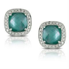 Doves "Cypress Grove" Green Amethyst Mother of Pearl, & Agate Cushion Shape Stud Earrings with Diamond Halo