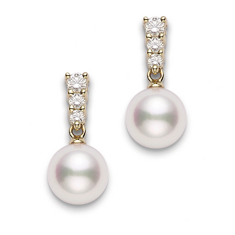 Mikimoto Morning Dew Akoya White Pearl & Diamond Earrings Yellow Gold