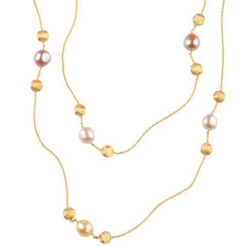 Marco Bicego Africa Pink White Pearl Yellow Gold Necklace 46"