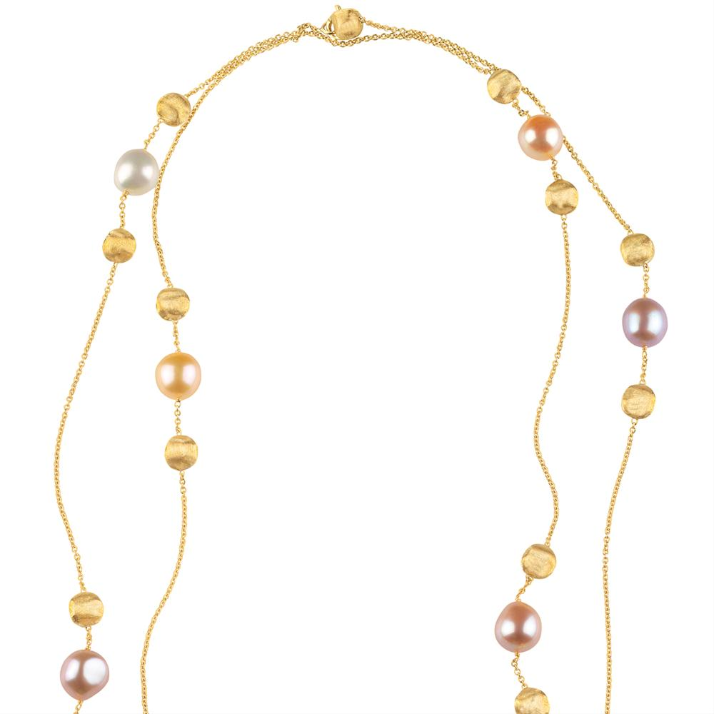 Marco Bicego Africa Pink White Pearl Yellow Gold Necklace 46"