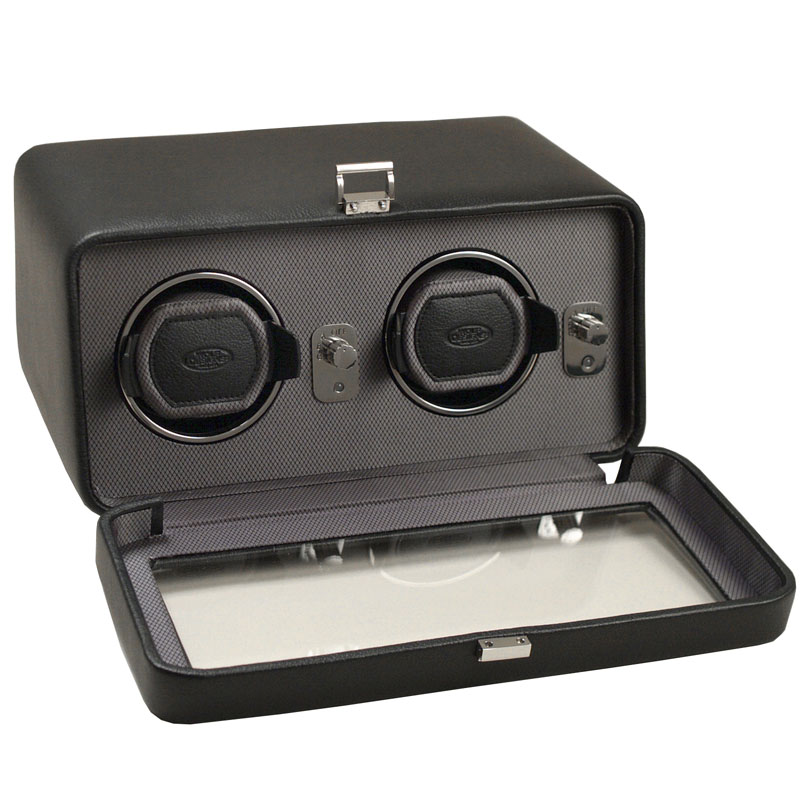 Wolf Designs Windsor Double Module 2.5 Black Leather Watch Winder with cover
