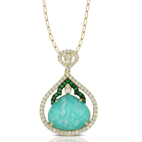 Doves Amazonite & White Topaz Pendant with Tsavorite & Diamond Halo Necklace