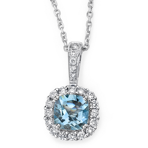 Aquamarine & Diamond Halo Pendant Necklace 14K White Gold