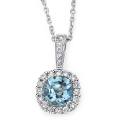 Aquamarine & Diamond Halo Pendant Necklace 14K White Gold
