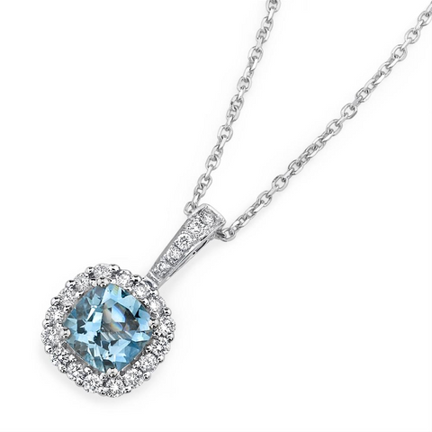 Aquamarine & Diamond Halo Pendant Necklace 14K White Gold