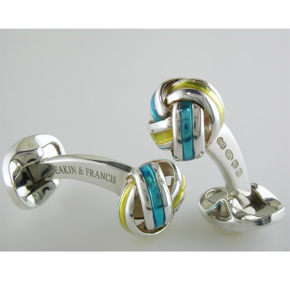 Deakin & Francis Blue & Yellow Enamel Sterling Silver Knot Cufflinks