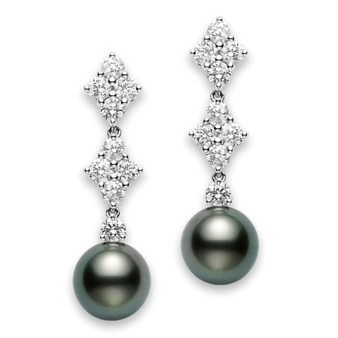 Mikimoto Classic Elegance Black South Sea Pearl Long Diamond Earrings