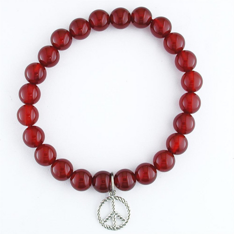 Red Agate Round Bead Bracelet with Silver Peace Sign Charm