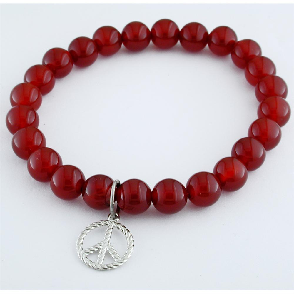 Red Agate Round Bead Bracelet with Silver Peace Sign Charm