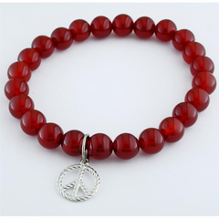 Red Agate Round Bead Bracelet with Silver Peace Sign Charm