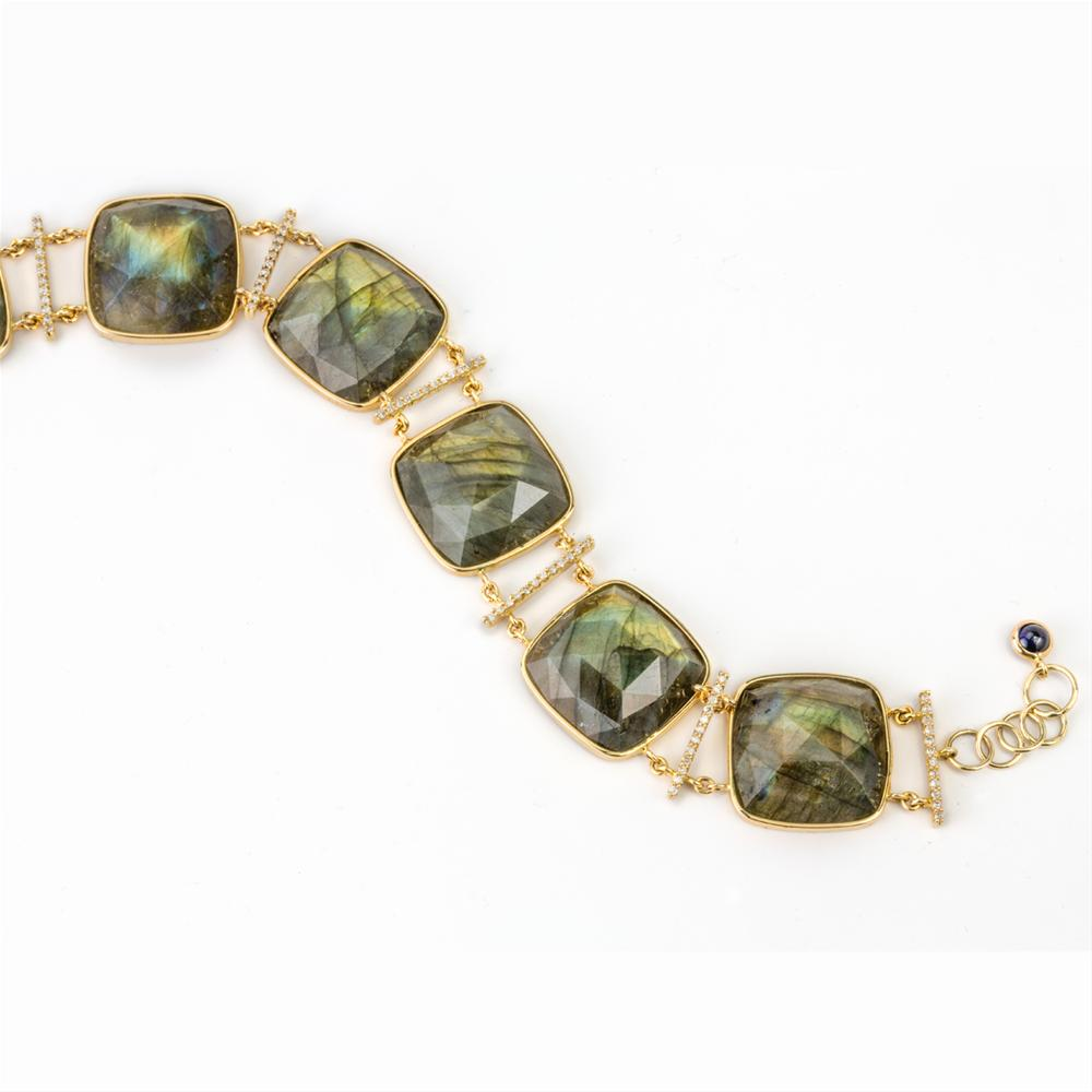 Cushion Shape Labradorite & Diamond Bar Link 14K Yellow Gold Bracelet
