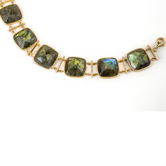 Cushion Shape Labradorite & Diamond Bar Link 14K Yellow Gold Bracelet
