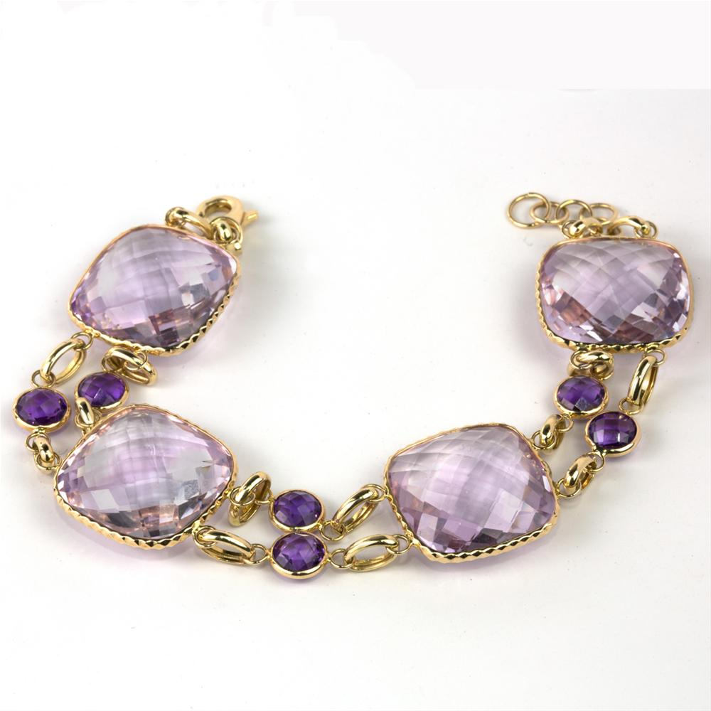Amethyst Cushion Shape Double Row 14K Yellow Gold Bracelet