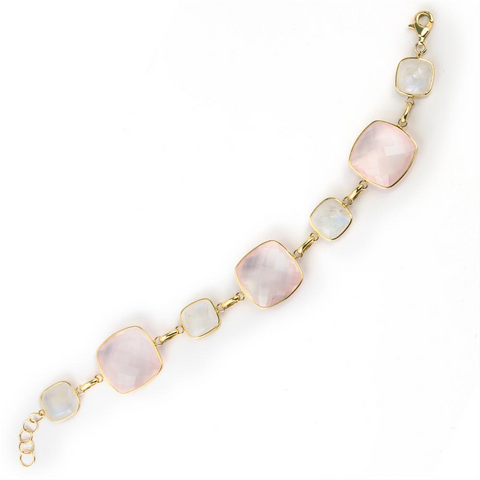 Cushion Shaped Moonstone & Rose Quartz 14K Yellow Gold Bracelet